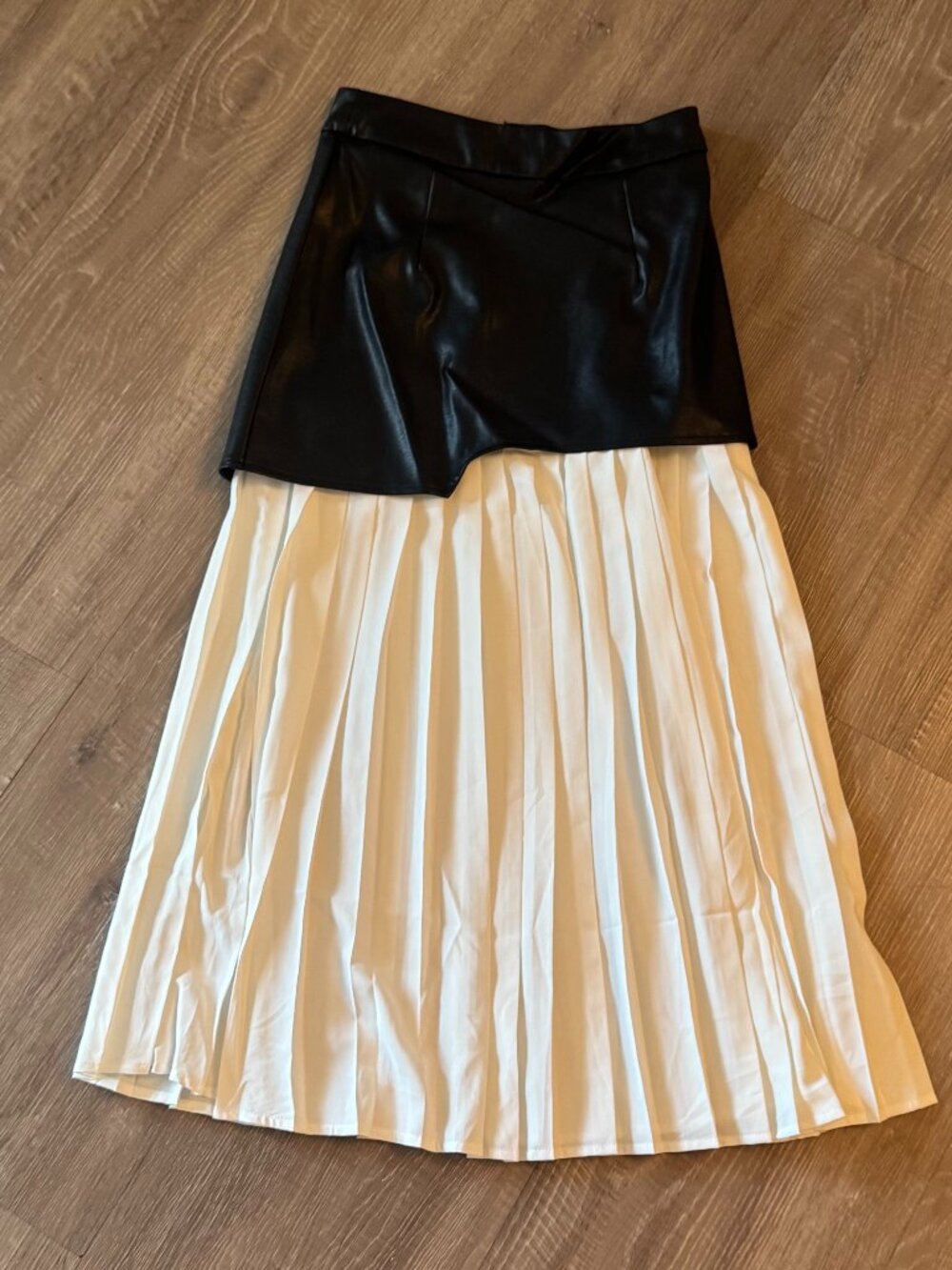 White Pleated Skirt with Faux Leather